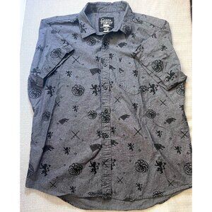 Game Of Thrones Shirt Mens X Large Gray All Over Print Button Front Short Sleeve